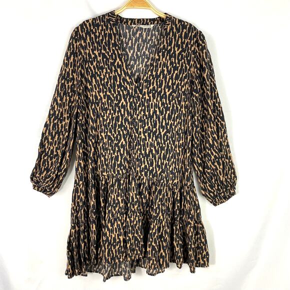 ZARA Animal Print Boho Tiered Dress Size M Brown Black Balloon Sleeve Peasant - Picture 1 of 10